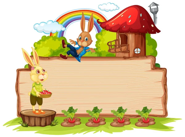 庭の孤立したイラストで2匹のウサギと空の木製ボード — ストックベクタ