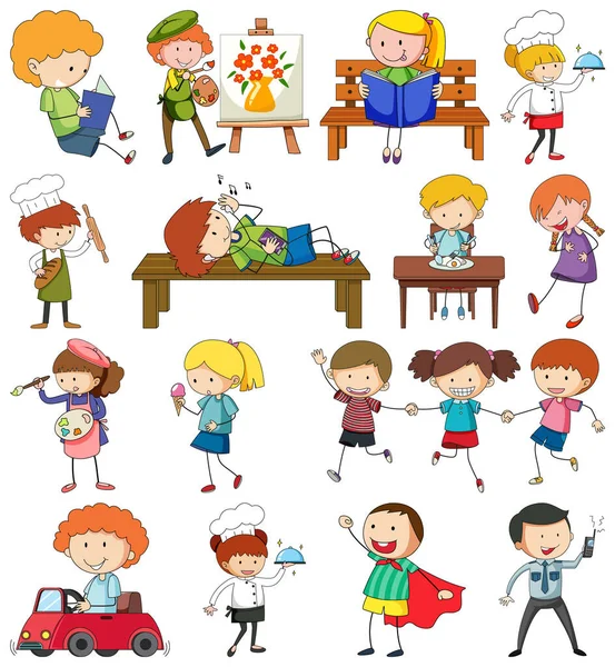 Set Van Verschillende Doodle Kids Stripfiguur Geïsoleerde Illustratie — Stockvector