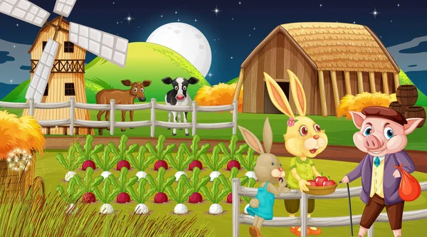 Farm Night Scene Rabbit Family Pig Cartoon Character Illustration — Stock Vector