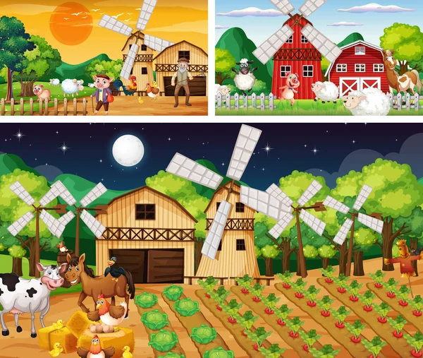 Conjunto Escenas Granja Diferentes Momentos Ilustración — Vector de stock