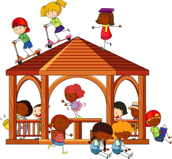 Many Kids Doing Different Activities Gazebo Illustration — Stock Vector