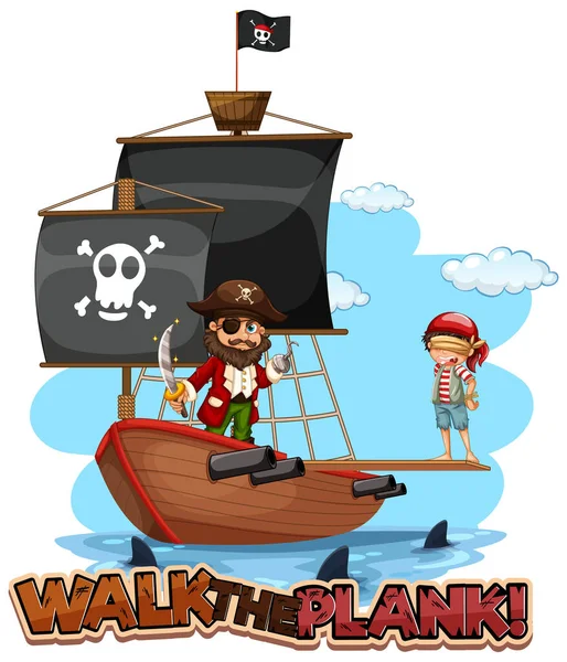 用海盗卡通人物与海盗船图解在木板字体横幅上行走 — 图库矢量图片