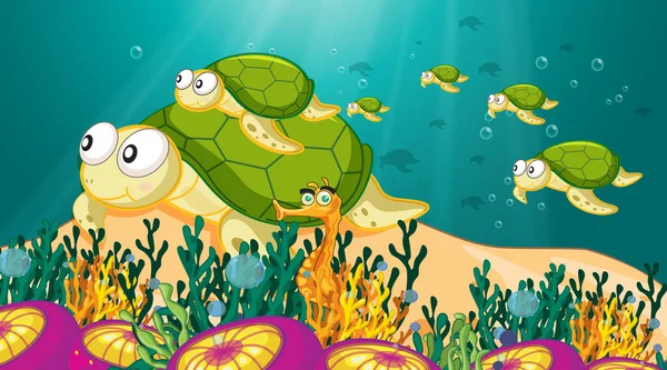 Υποβρύχια Σκηνή Θαλάσσια Ζώα Και Τροπικό Κοραλλιογενή Ύφαλο Απεικόνιση — Διανυσματικό Αρχείο