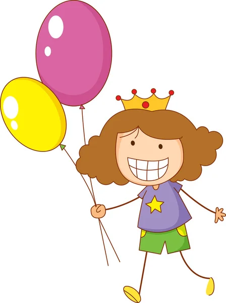 Doodle Kid Holding Balloons Cartoon Character Isolated Illustration — Stock Vector