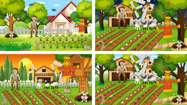 不同农场场景与老农民和动物卡通人物插图 — 图库矢量图片