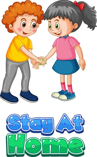 2人の子供の漫画のキャラクターは 白の背景イラストに隔離されたホームフォントに滞在して社会的距離を保ちません — ストックベクタ