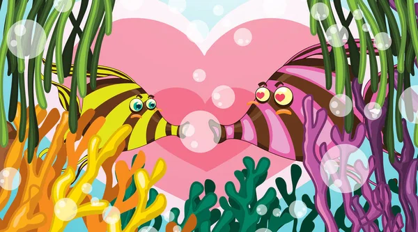 愛と熱帯のサンゴ礁のイラストでカップル魚と水中シーン — ストックベクタ