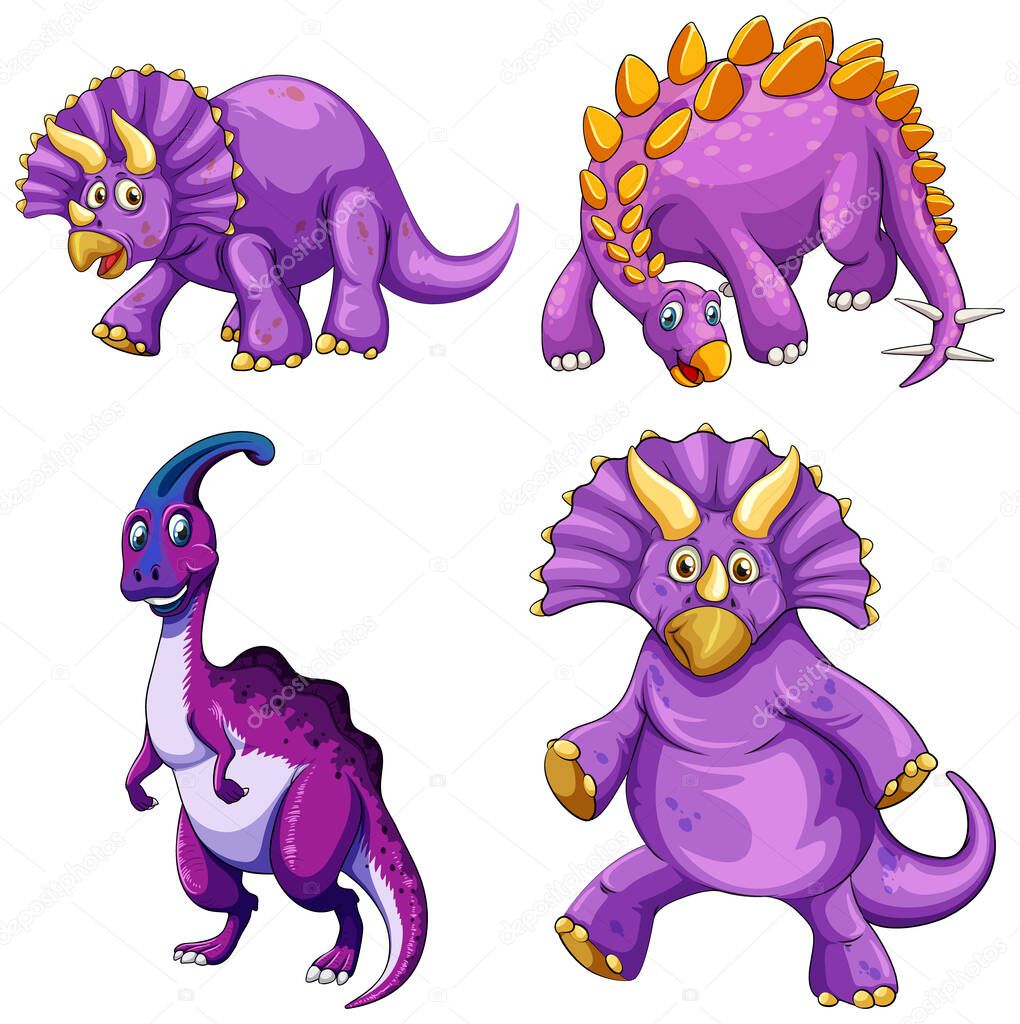 Set of purple dinosaur cartoon character illustration
