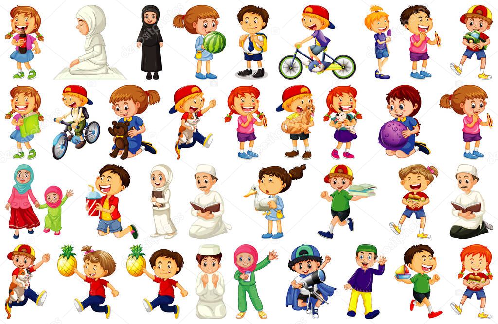 Children doing different activities cartoon character set on white background illustration