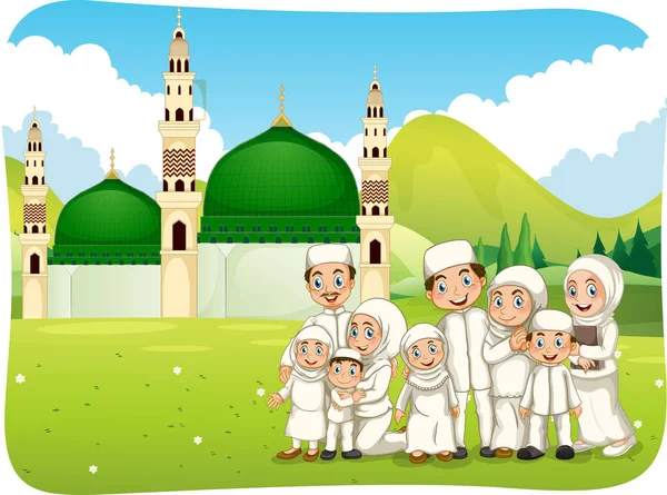 Outdoor Scene Muslim Family Cartoon Character Illustration — Stock Vector