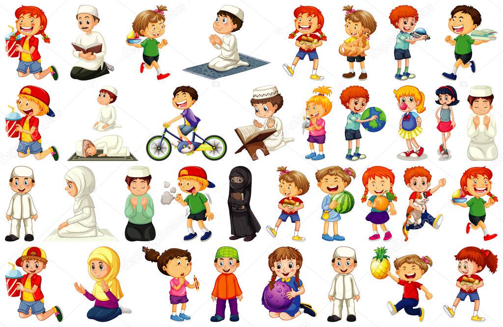 Children doing different activities cartoon character set on white background illustration