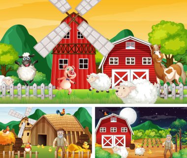 Yaşlı çiftçi ve hayvan çizgi film karakteri resimlerinin olduğu farklı çiftlik sahneleri.