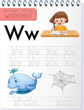 W harfi ve w illüstrasyonlu alfabe izleme çalışma tablosu