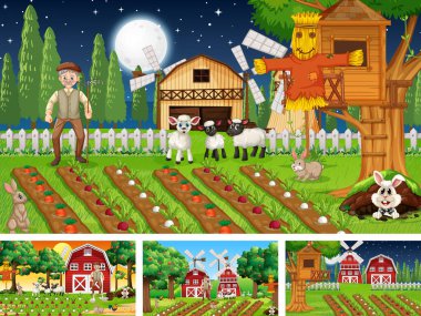 Yaşlı çiftçi ve hayvan çizgi film karakteri resimlerinin olduğu farklı çiftlik sahneleri.