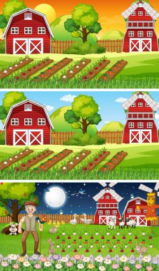 Yaşlı çiftçi ve hayvan çizgi film karakteri resimlerinin olduğu farklı çiftlik sahneleri.