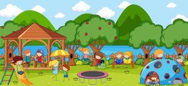 Park illüstrasyonunda oynayan bir sürü çocuğun olduğu açık hava sahnesi