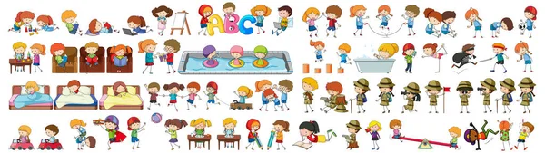 Conjunto Diferentes Doodle Crianças Desenho Animado Personagem Ilustração — Vetor de Stock