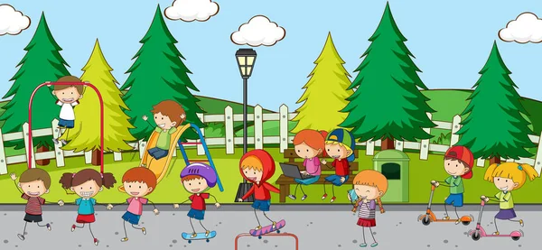 多くの子供たちと遊び場シーン人形漫画のキャラクターイラスト — ストックベクタ