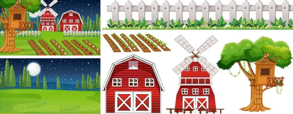 Conjunto Elementos Agrícolas Aislados Con Ilustración Escena Granja — Archivo Imágenes Vectoriales