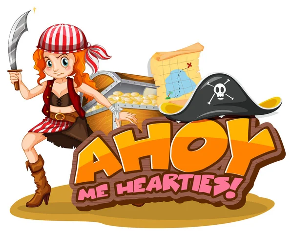 Pirate Slang Concept Ahoy Hearties Font Pirate Girl Cartoon Character — Stock Vector