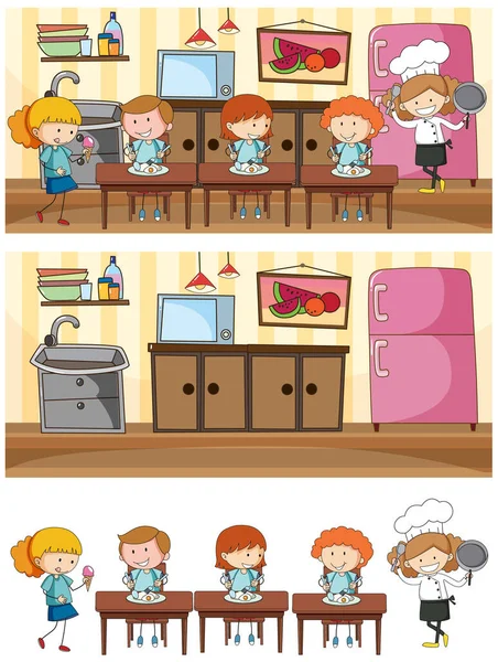 Set Kitchen Scene Many Kids Doodle Cartoon Character Illustration — Stock Vector