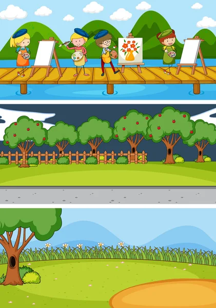 Set Different Horizontal Scenes Background Doodle Kids Cartoon Character Illustration — Stock Vector