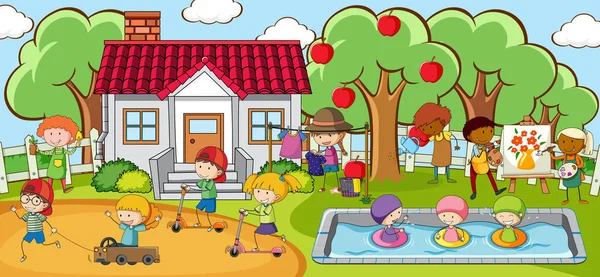 Outdoor Szene Mit Vielen Kindern Die Park Spielen Illustration — Stockvektor