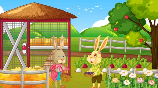 Farm Daytime Scene Cute Rabbit Cartoon Character Illustration — Stock Vector