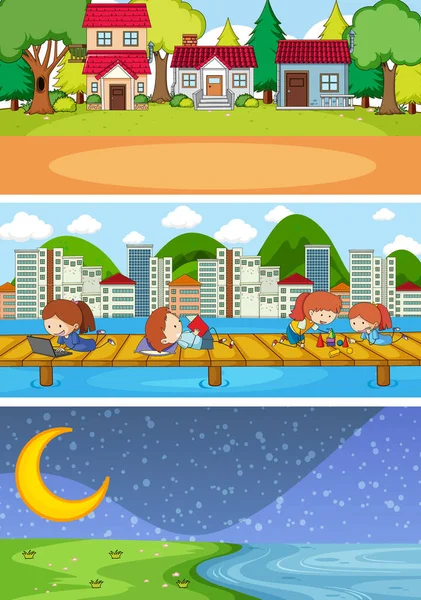 Set Von Verschiedenen Horizont Szenen Hintergrund Mit Doodle Kinder Zeichentrickfigur — Stockvektor