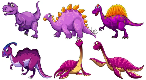 Conjunto Ilustración Carácter Dibujos Animados Dinosaurio Púrpura — Vector de stock