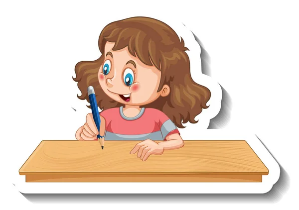 Sticker Template Girl Writing Table Cartoon Character Isolated Illustration — Stock Vector