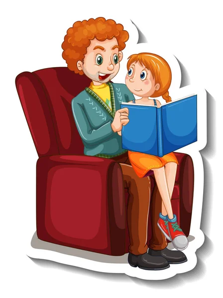 Sticker Template Father His Daughter Reading Book Together Illustration — Stock Vector