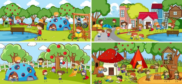 Outdoor Scene Set Many Kids Doodle Cartoon Character Illustration — Stock Vector
