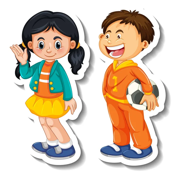 Sticker Template Couple Kids Students Cartoon Character Isolated Illustration — Stock Vector