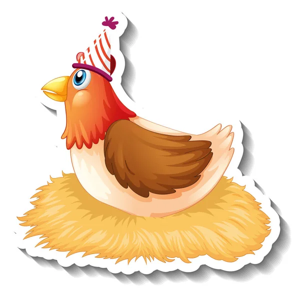 Sticker Template Chicken Wearing Party Hat Cartoon Character Illustration — Stock Vector