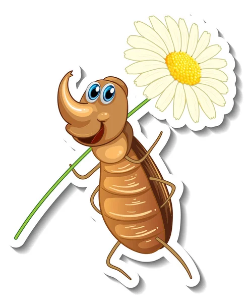 Sticker Template Cartoon Character Beetle Holding Flower Isolated Illustration — Stock Vector