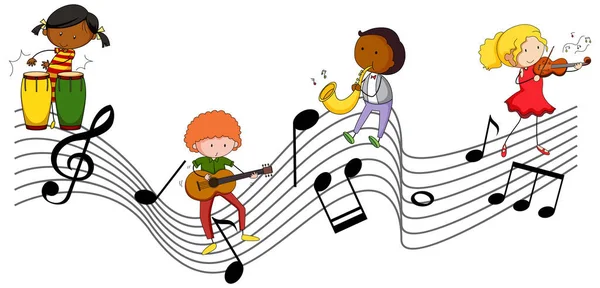 Muzikale Melodie Symbolen Met Veel Doodle Kinderen Cartoon Karakter Illustratie — Stockvector