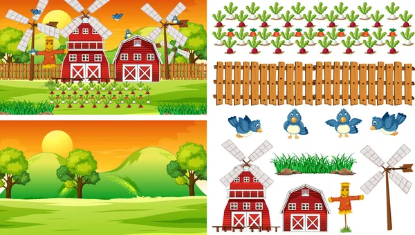 Conjunto Elementos Agrícolas Aislados Con Ilustración Escena Granja — Vector de stock