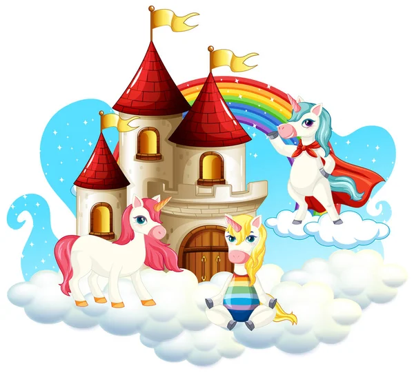 雲のイラストに城と多くのかわいいユニコーン漫画のキャラクター — ストックベクタ