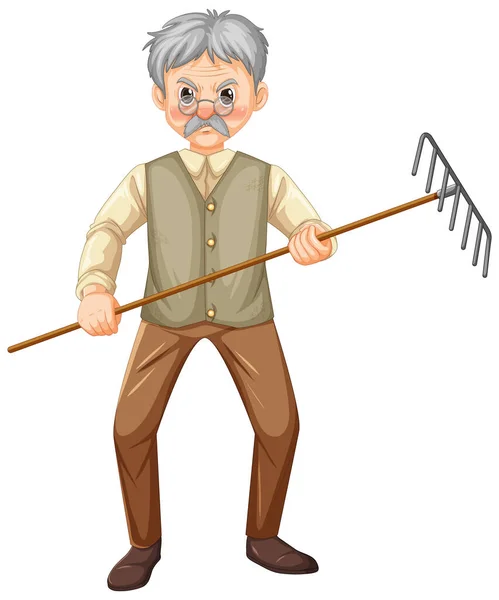 Old Farmer Man Cartoon Character Holding Rake Garden Tool Illustration — Stock Vector