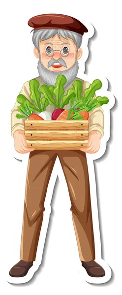 Modelo Etiqueta Com Jardineiro Velho Homem Detém Caixa Vegetais Ilustração — Vetor de Stock