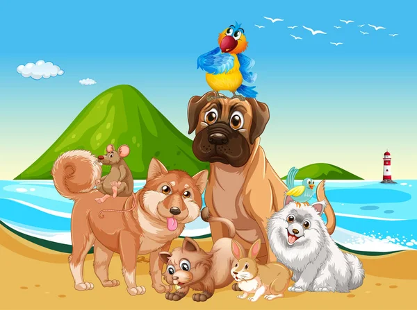 Playa Escena Aire Libre Con Grupo Ilustración Mascotas — Vector de stock