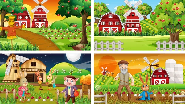 Yaşlı Çiftçi Hayvan Çizgi Film Karakteri Resimlerinin Olduğu Farklı Çiftlik — Stok Vektör