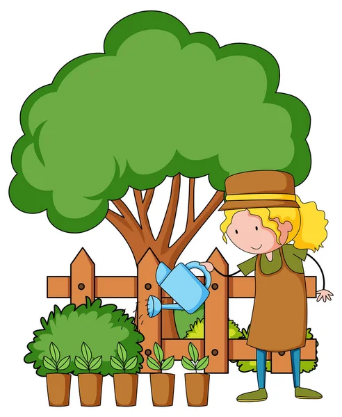Bambino Personaggio Dei Cartoni Animati Nel Giardino Illustrazione — Vettoriale Stock