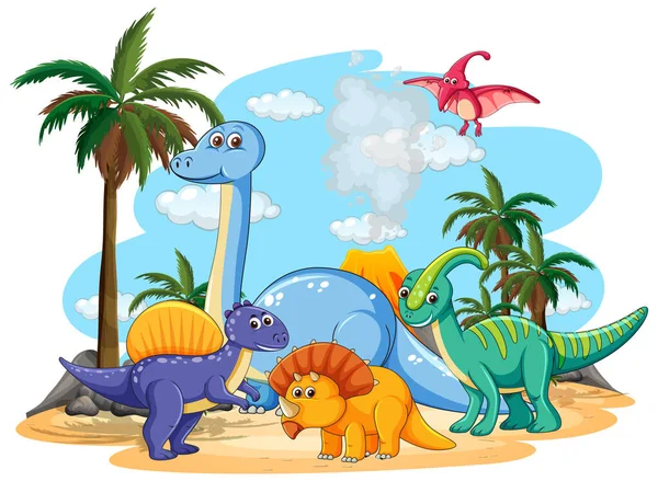 Many Cute Dinosaurs Character Prehistoric Land Isolated Illustration — Stock Vector