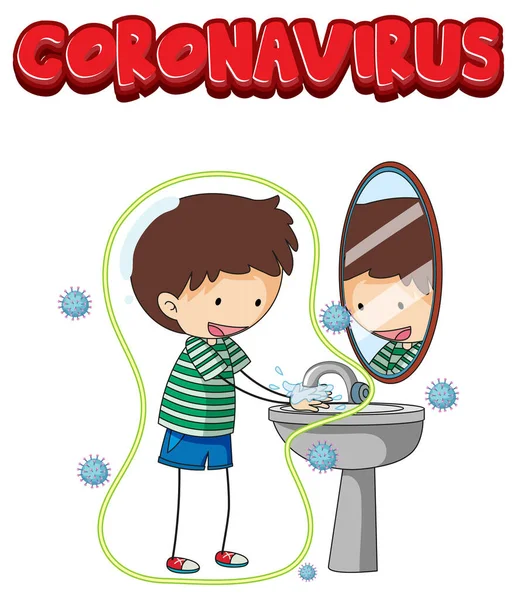 Coronavirus Yazı Tipi Tasarımı Beyaz Arka Planda Ellerini Yıkayan Bir — Stok Vektör