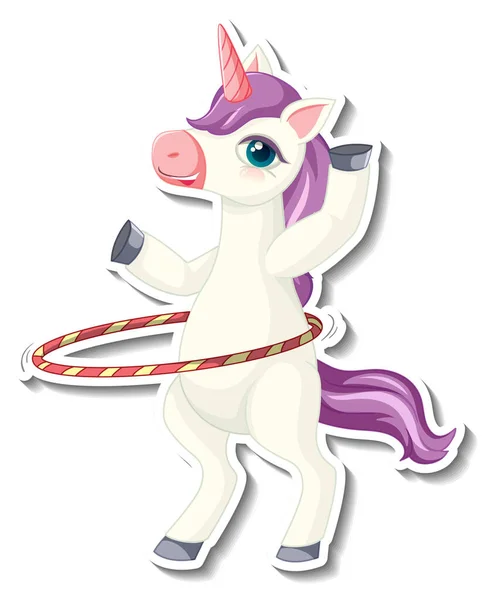 Cute Unicorn Stickers Unicorn Playing Hula Hoop Cartoon Character Illustration — Stock Vector