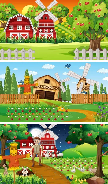 古い農家や動物の漫画のキャラクターイラストと異なる農場のシーン — ストックベクタ