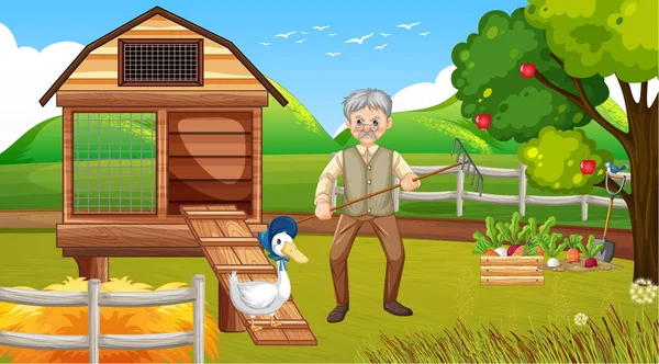 Farm Scene Old Farmer Man Farm Animals Illustration — Stock Vector