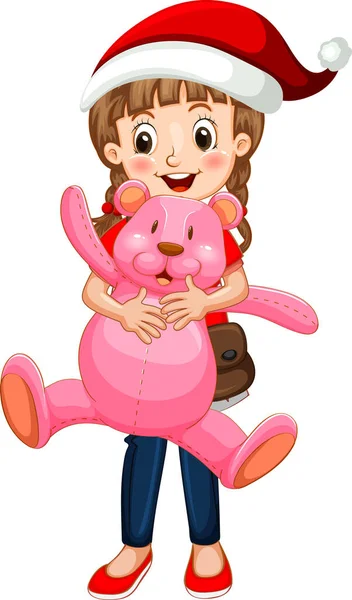 Chica Feliz Personaje Dibujos Animados Sosteniendo Una Ilustración Oso Peluche — Vector de stock